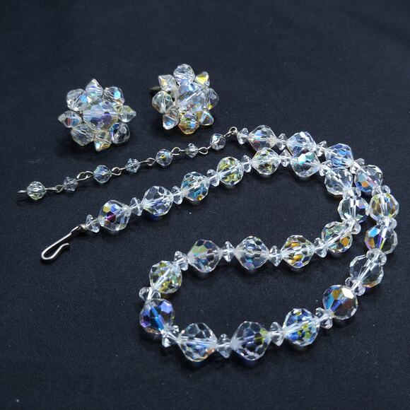 Vintage AB Crystal Beaded Necklace & Clip Earring Set - Picture 1 of 10